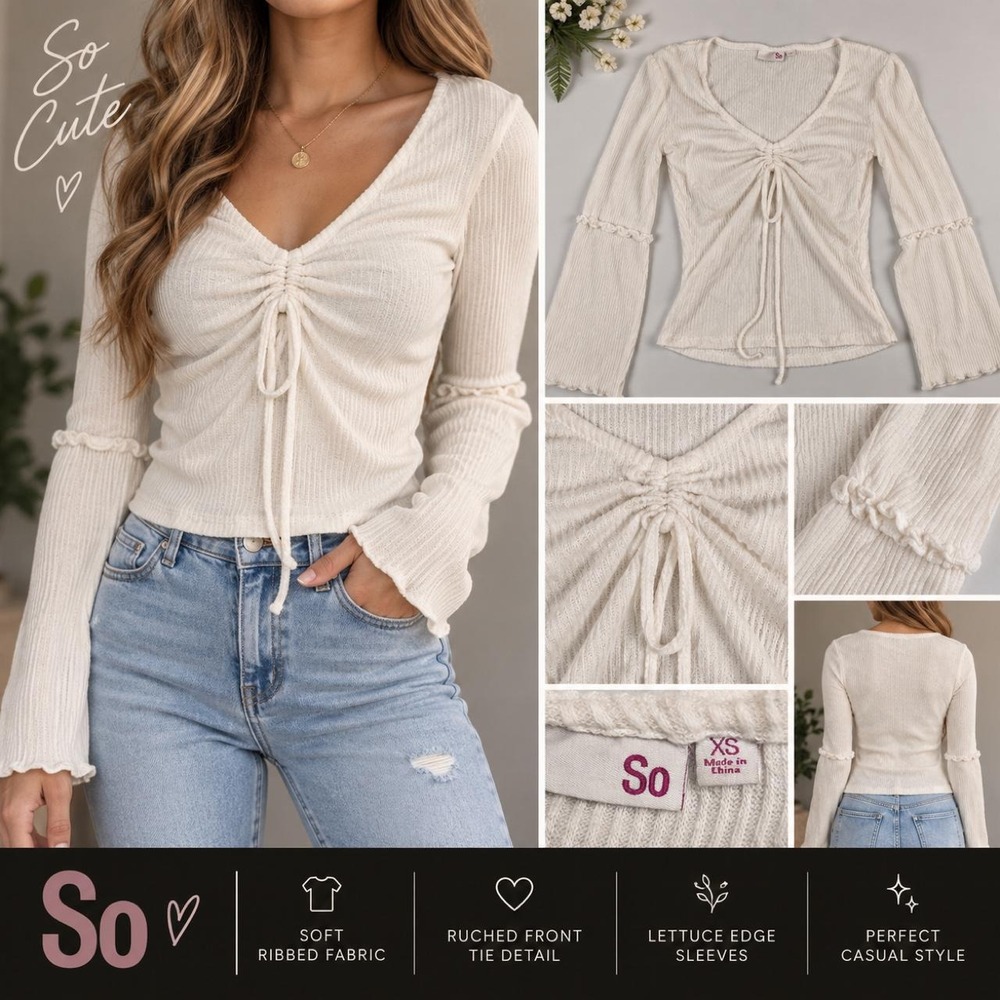 SO White Ribbed Ruched Long Sleeve Top – Size XS